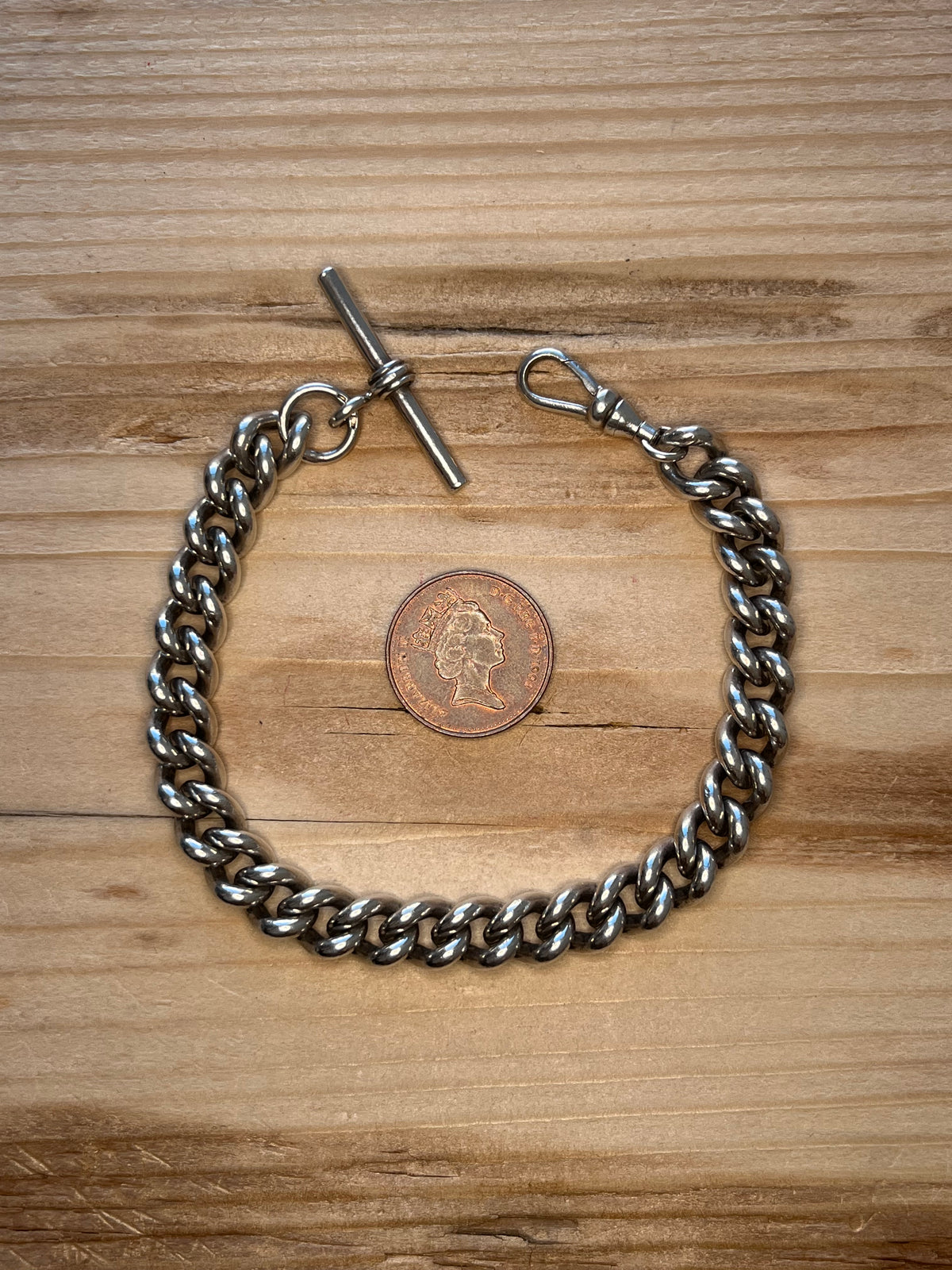 Chunky T-Bar Chain Albert Clasp 925 Sterling Silver 8.3 Inch Bracelet