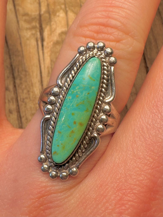 Vintage Navajo Elongated Türkis Perlenbesetzter Rand 925 Sterling Silber Größe R Ring