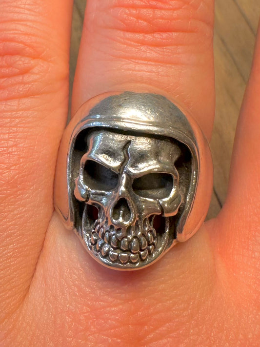 Vintage Motor Biker Skull 925 Sterling Silver Size U Ring