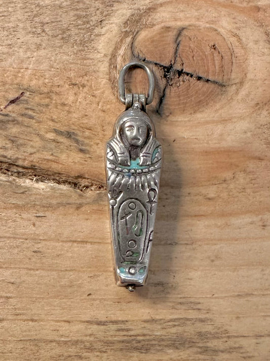 Vintage Rare Sarcophagus with Mummy inside 925 Silver Copper inside Pendant