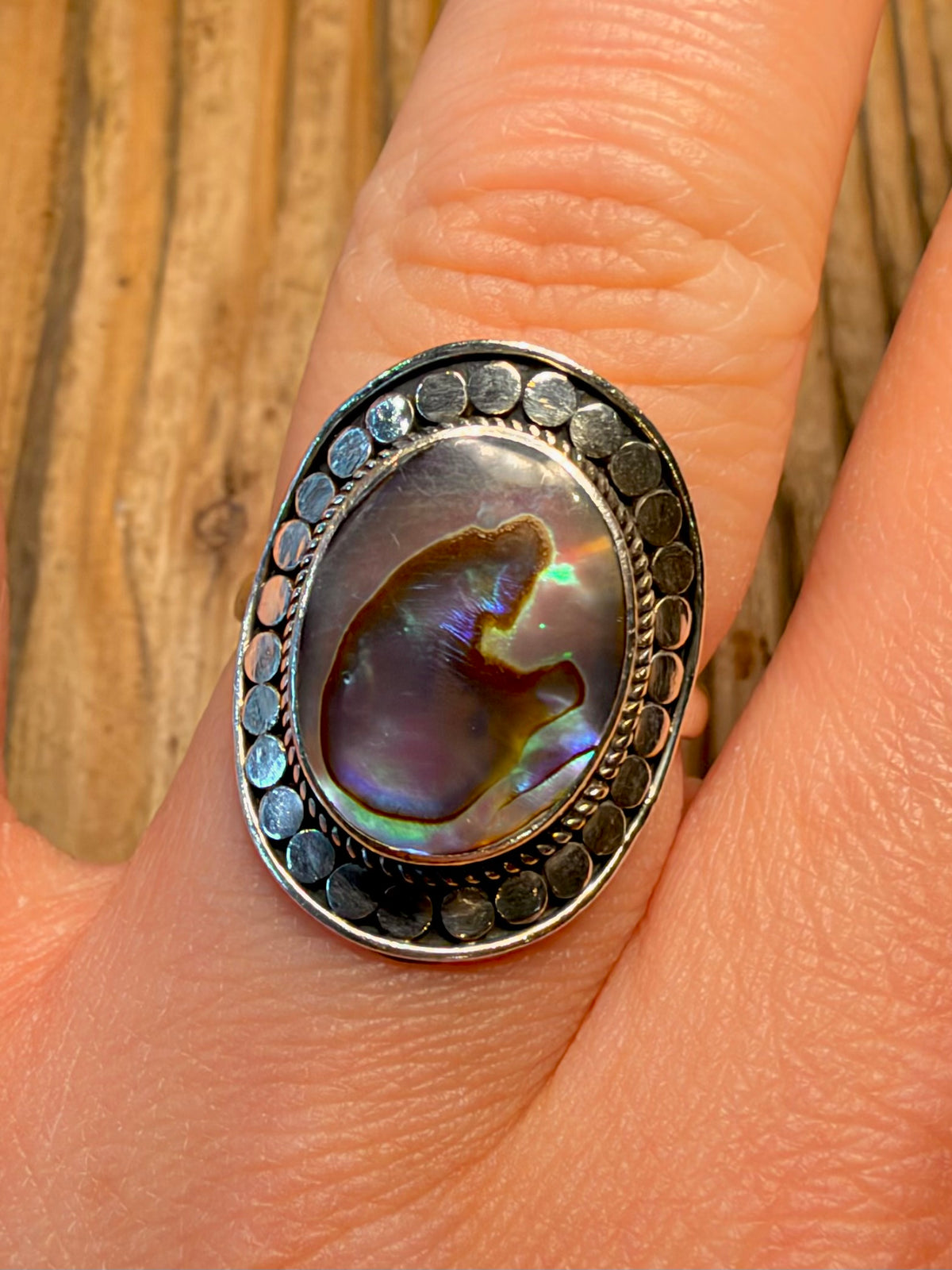 Ornate Oval Abalone 925 Sterling Silver Size P Ring