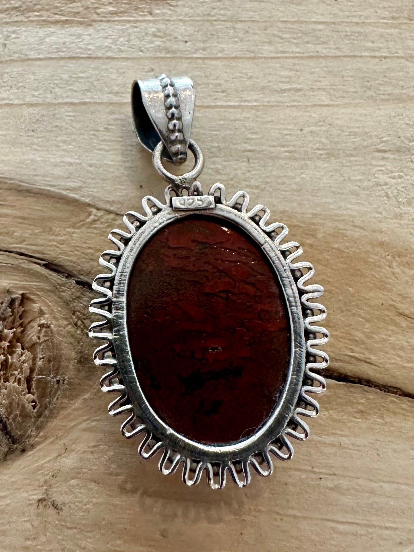 Vintage Red and Black Oval Stone 925 Silver Pendant