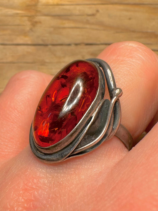 Vintage Oval Amber 925 Sterling Silver Size N Ring
