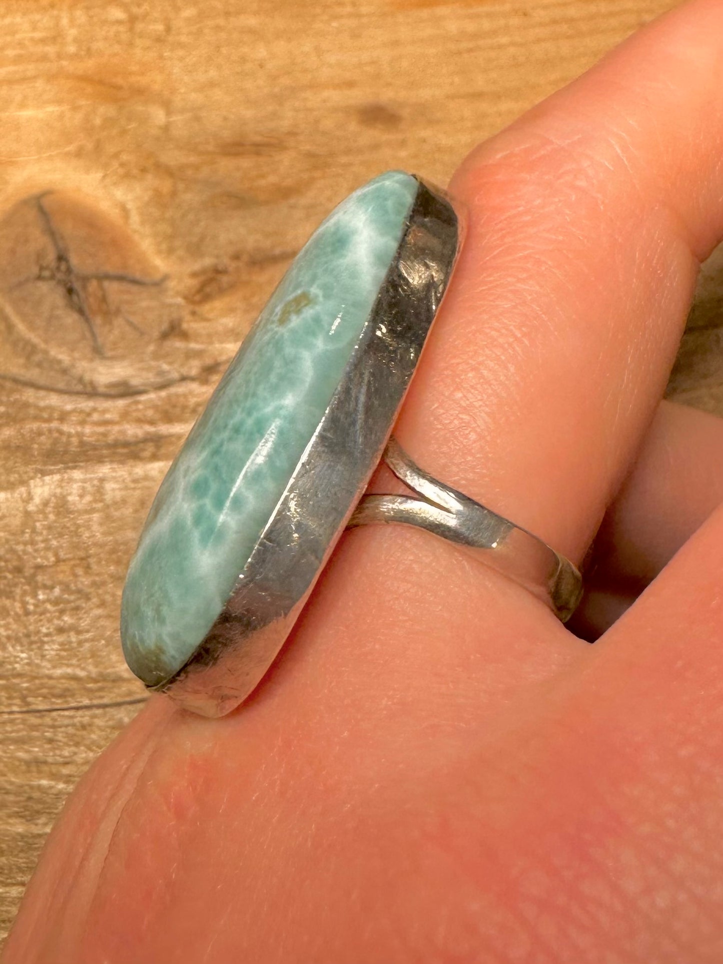 Vintage Elongated Larimar 925 Silver Size U Ring