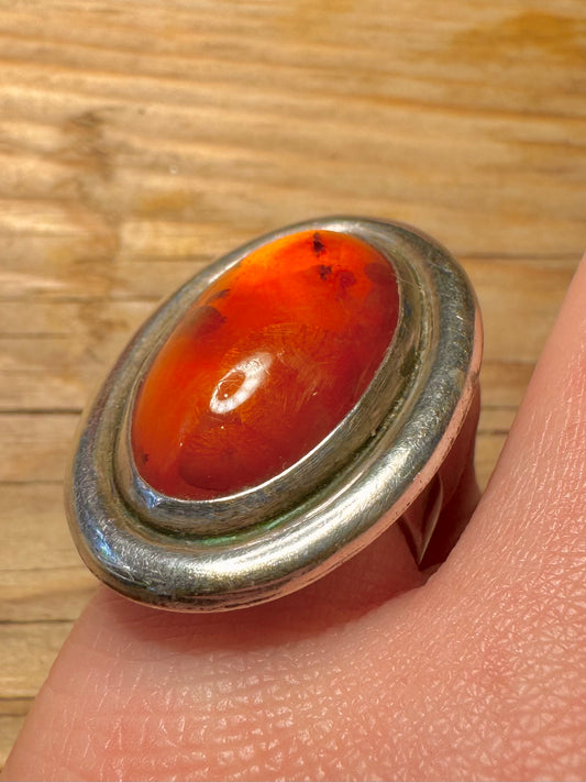Vintage Large Oval Amber Polish 925 Sterling Silver Size N Ring