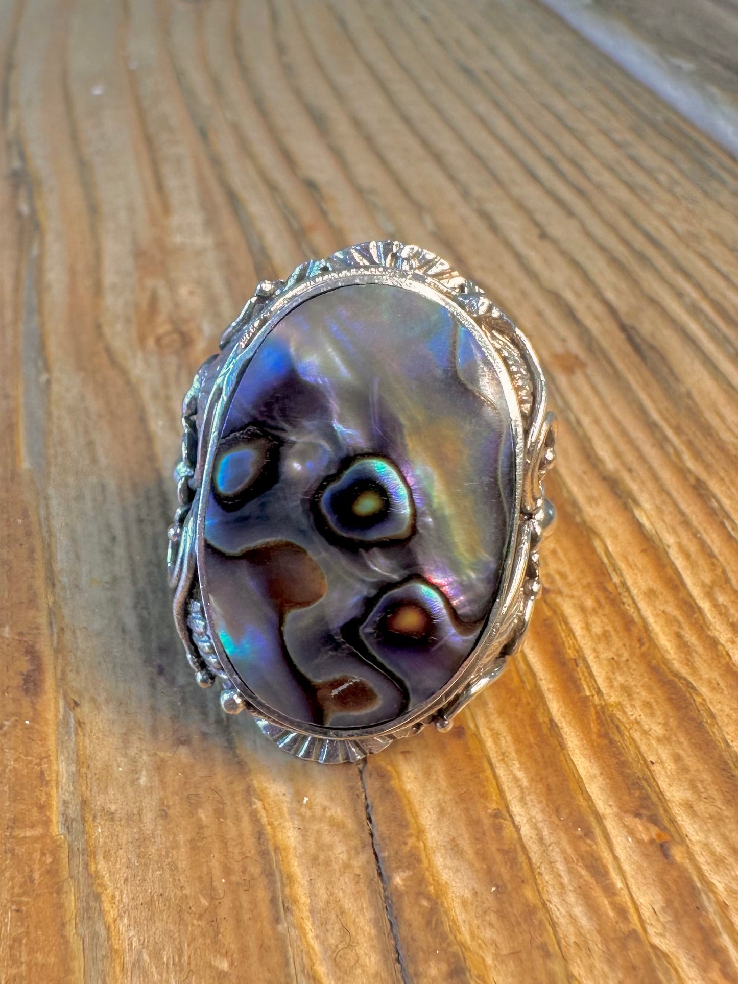 Large Abalone Floral Design and Swirls 925 Sterling Silver Size N Ring