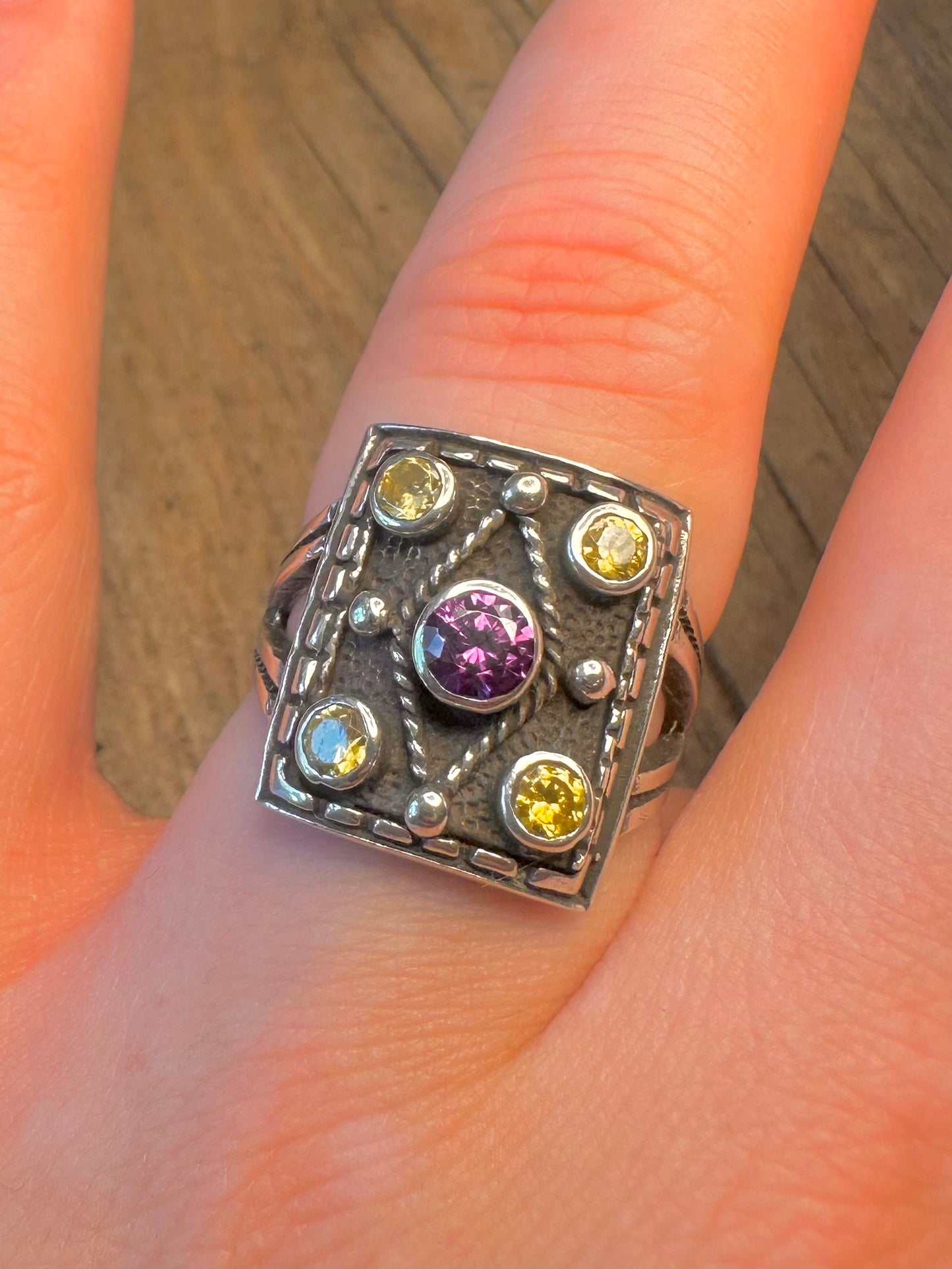 Amethyst and Citrine Rectangle Ornate 925 Sterling Silver Size Q Ring