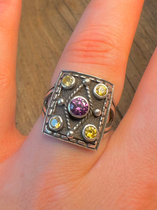 Amethyst and Citrine Rectangle Ornate 925 Sterling Silver Size Q Ring