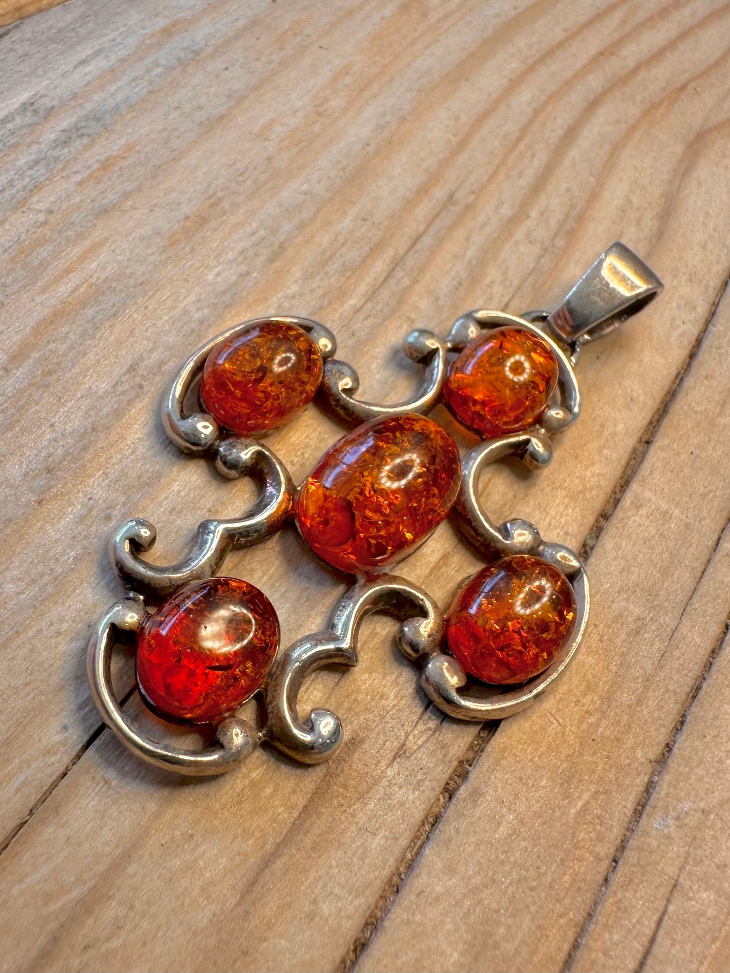 Vintage Amber Cross 925 Silver Pendant