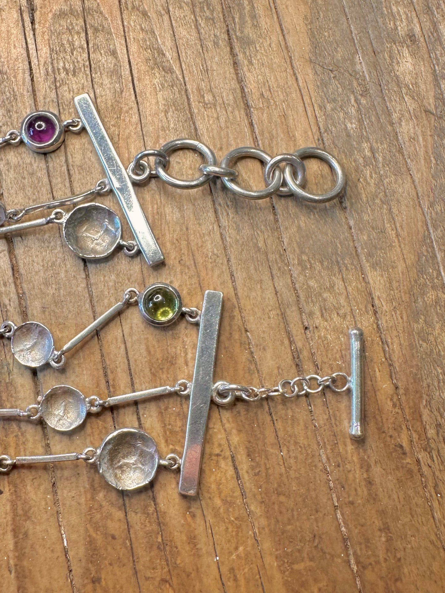 Modernist Multi Gemstone Hammered Three Strands T Bar 925 Sterling Silver 7.5 to 8.5 inch Bracelet
