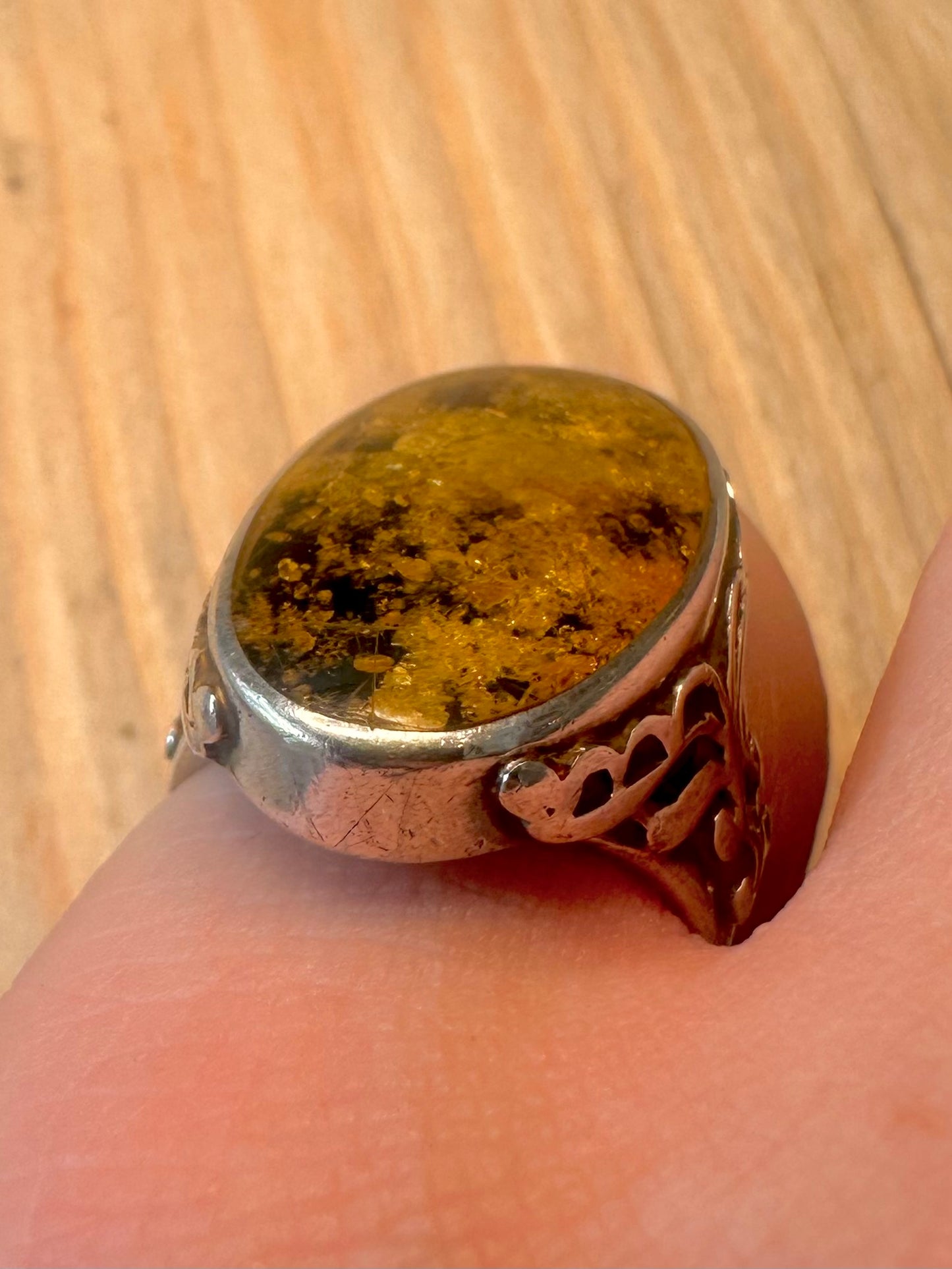 Vintage 1998 Green Amber 925 Silver Size O Ring