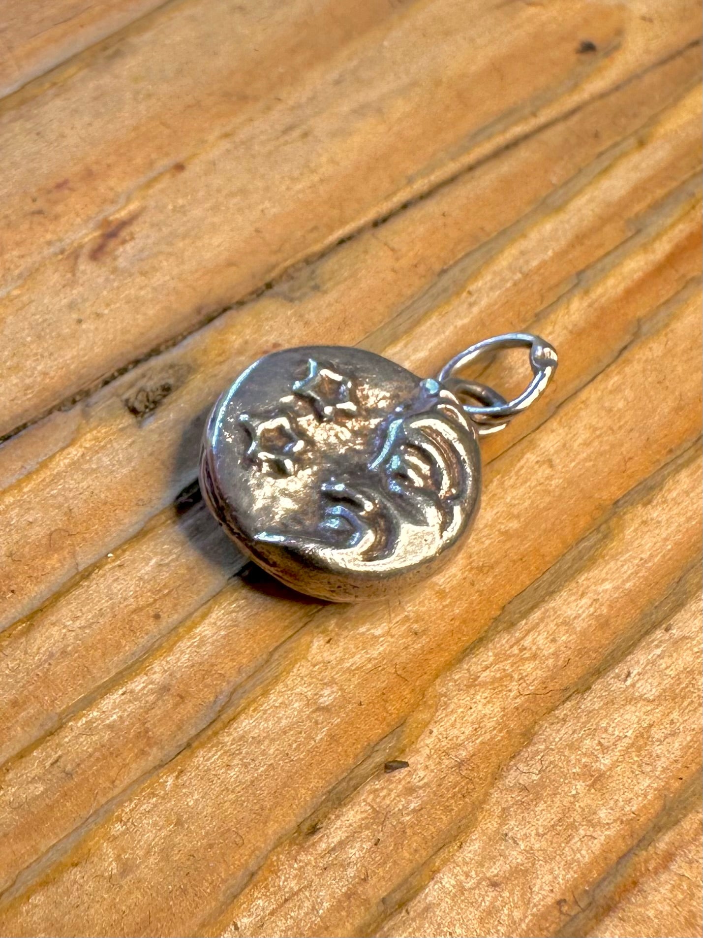 Moon Face and Star Double Sided 925 Sterling Silver Pendant