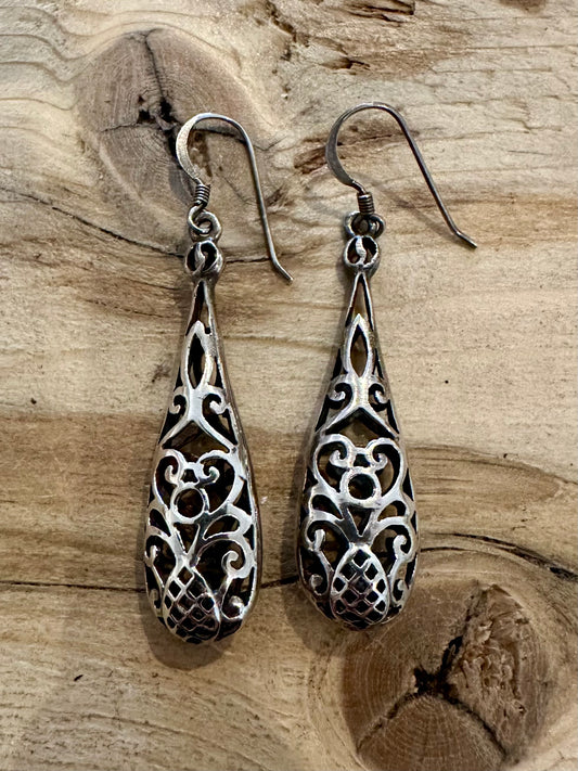 Vintage Filigree Tear Drop 925 Silver Earrings