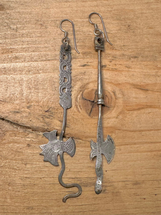 Vintage Unusual Chinese Axe Silver Earrings