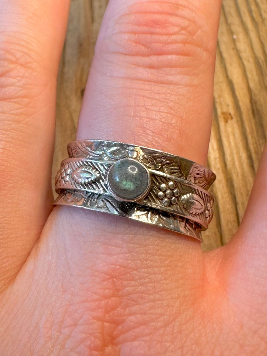 Engraved Floral Labradorite Spinner Band 925 Sterling Silver Size W1/2 Ringl
