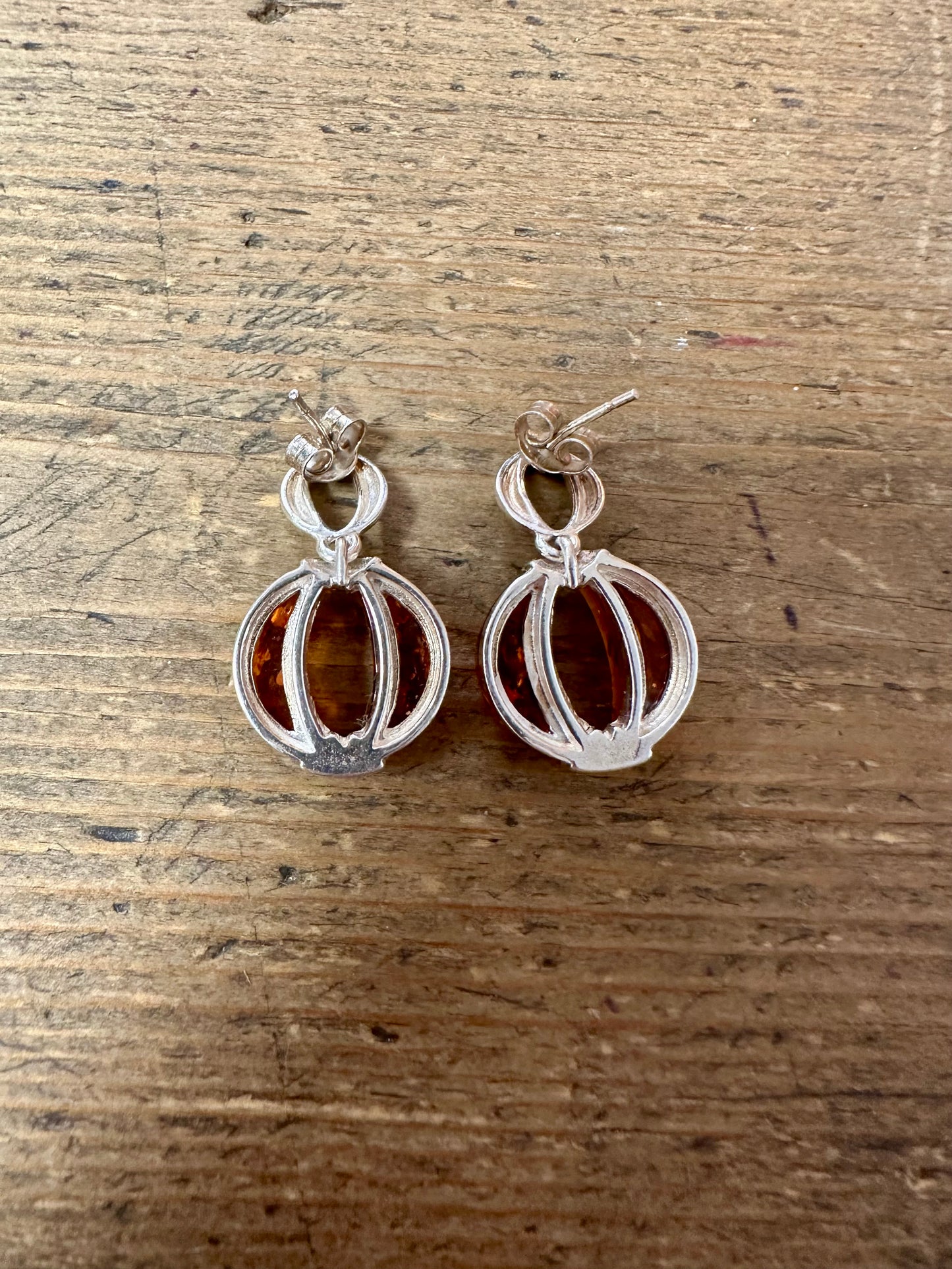 Modernist Amber Circle 925 Silver Earrings