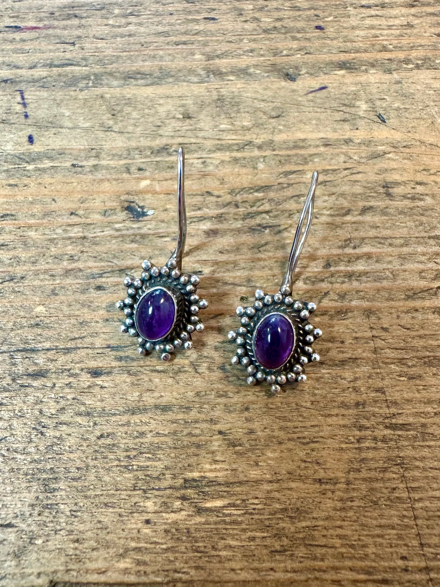 Vintage Boho Tribal Amethyst 925 Silver Earrings