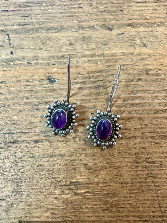 Vintage Boho Tribal Amethyst 925 Silver Earrings