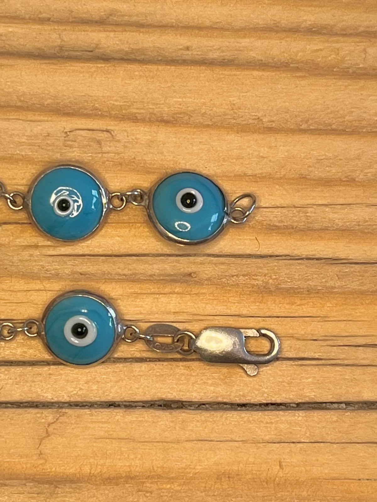 Circle Light Blue Evil Eye Link 925 Sterling Silver 7.7 inch Bracelet