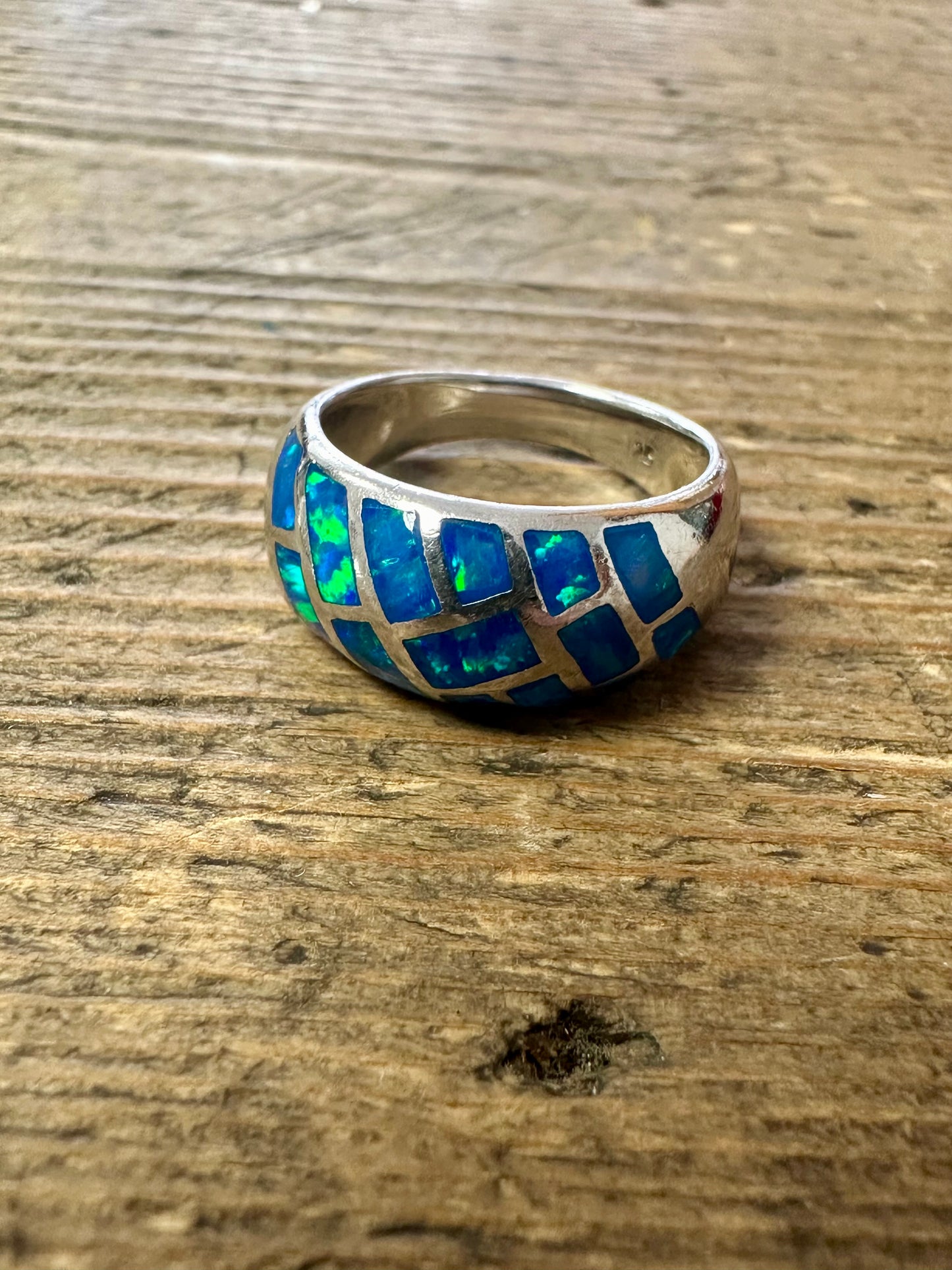 Modernist Blue Opal Inlay 925 Silver Size L Ring