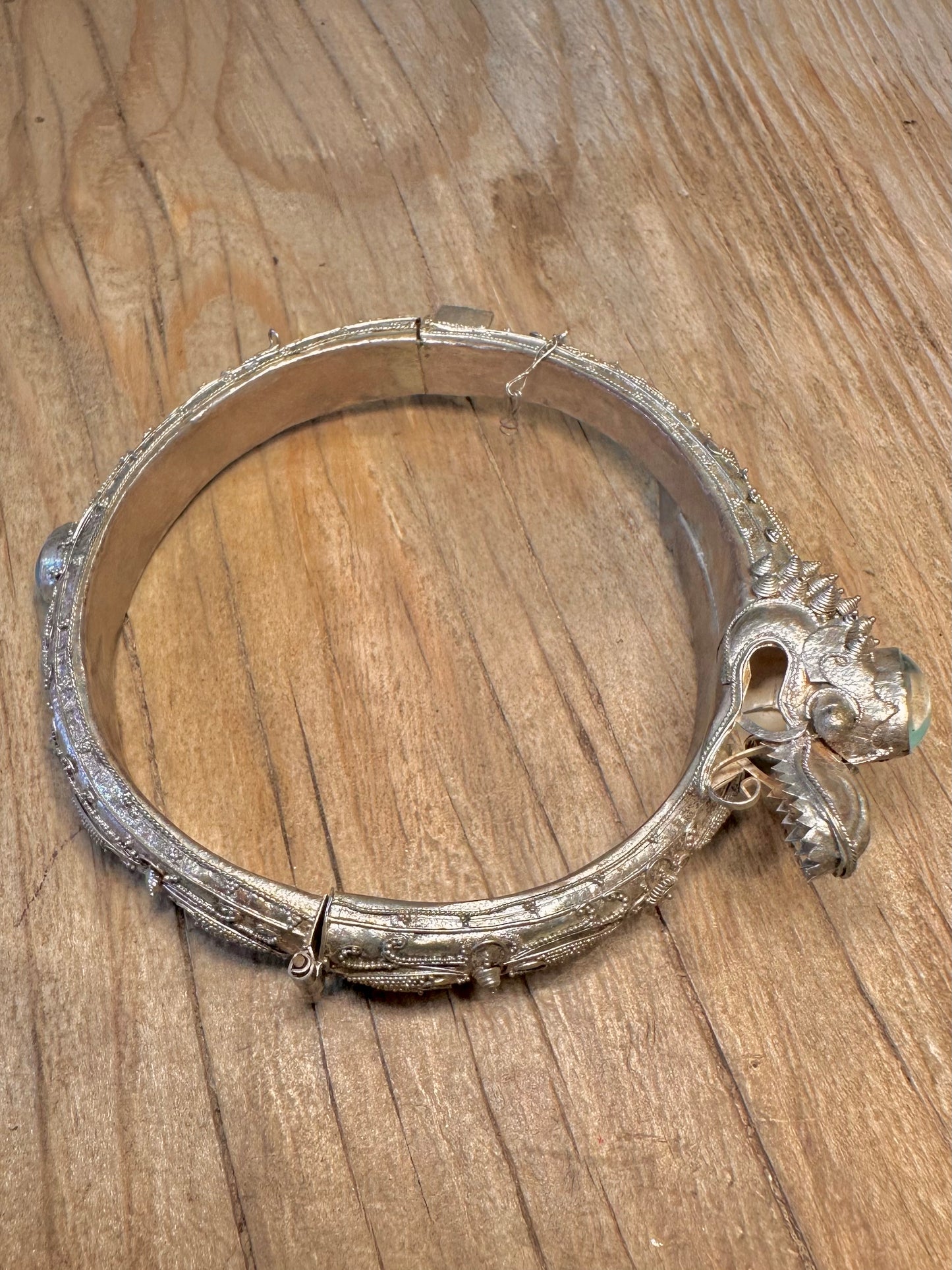 Vintage Dragon Filigree Blue Stone Nepalese Silver Hinged Bangle