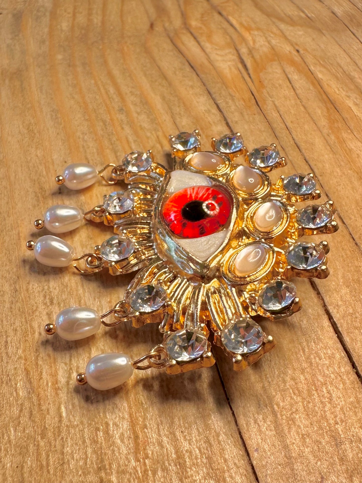 Vintage Rhinestone Eye and Pearl Gold Tone Costume Brooch