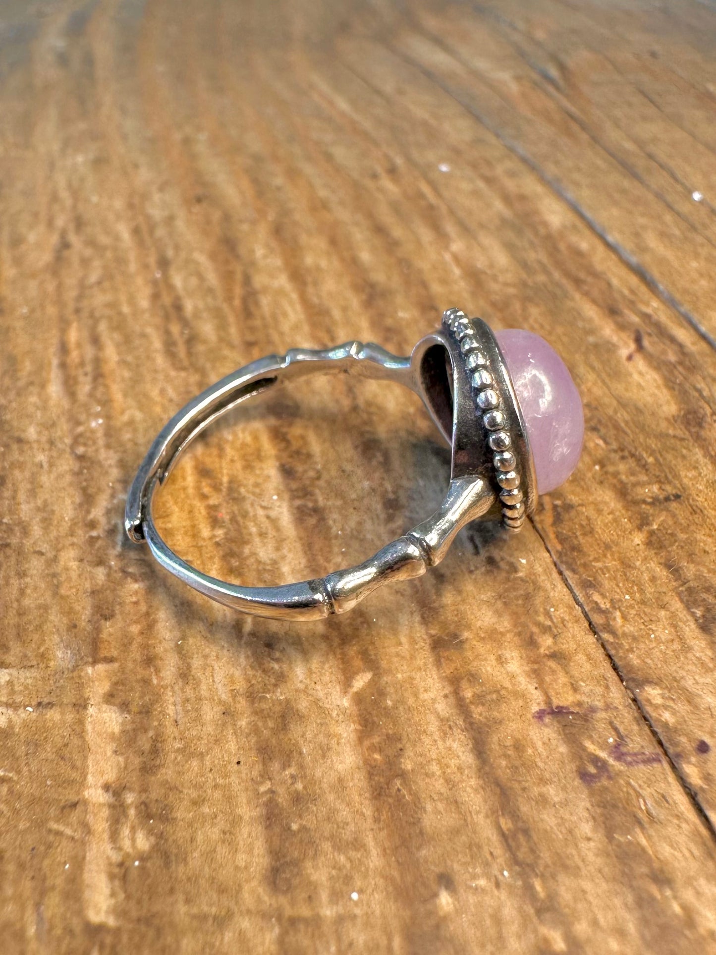 Rose Quarts Bamboo Style Adjustable 925 Sterling Silver Size R Ring
