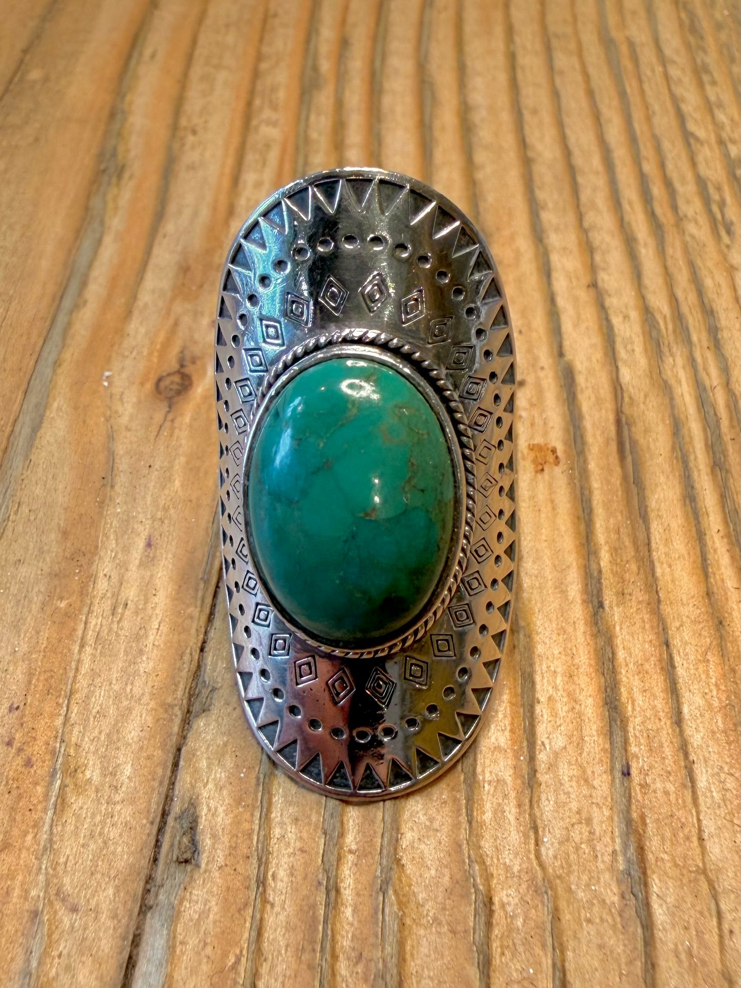 Long Southwestern Turquoise Etched 925 Sterling Silver Size M1/2 Ring
