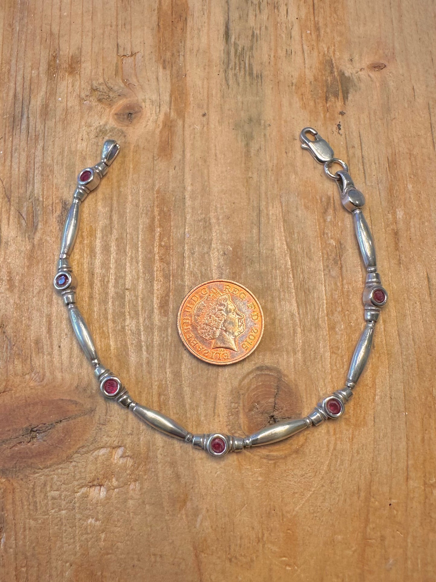 Red Stone Bar Link 925 Sterling Silver 7.8 inch Bracelet