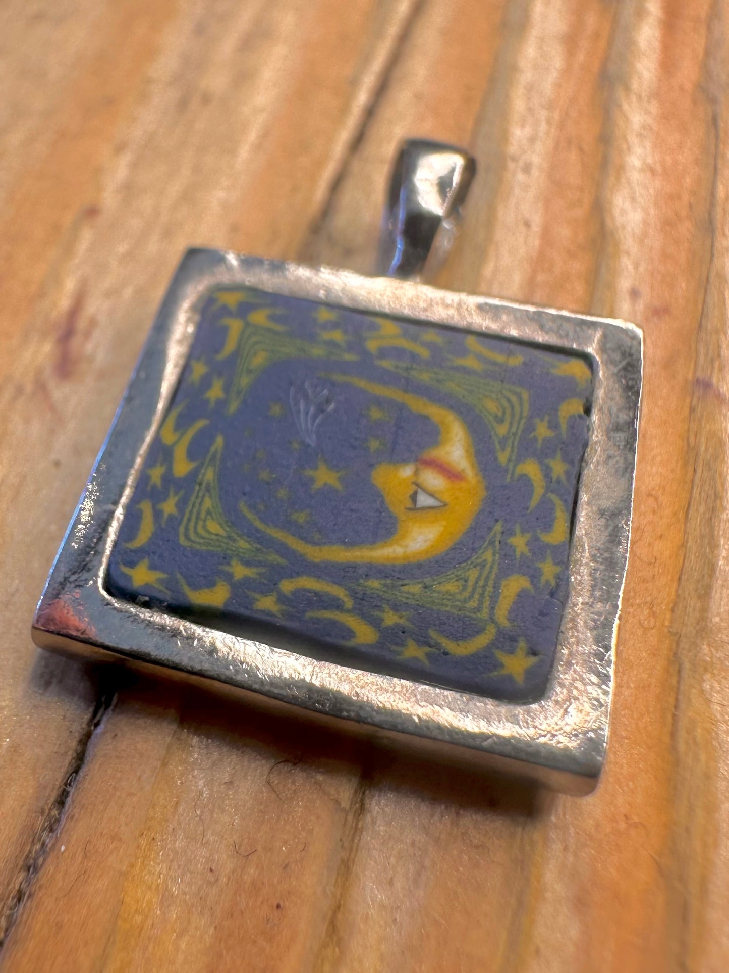 Celestial Square Painted Moon Silver Pendant