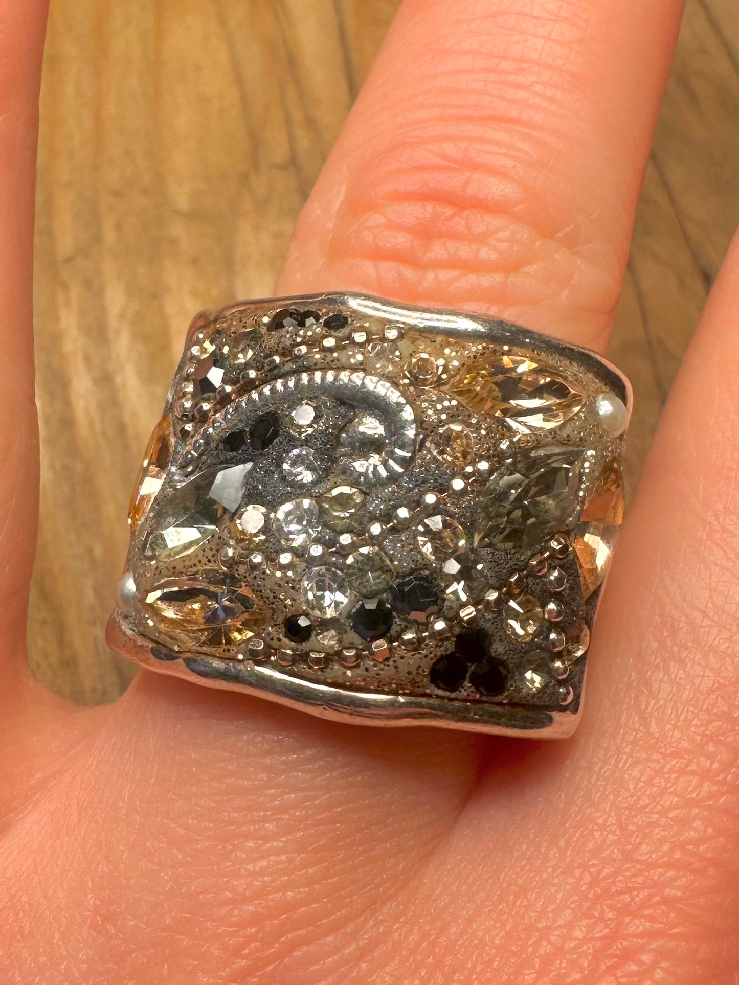 Vintage Sea Themed Stones and Pearl 925 Sterling Silver Size U Ring