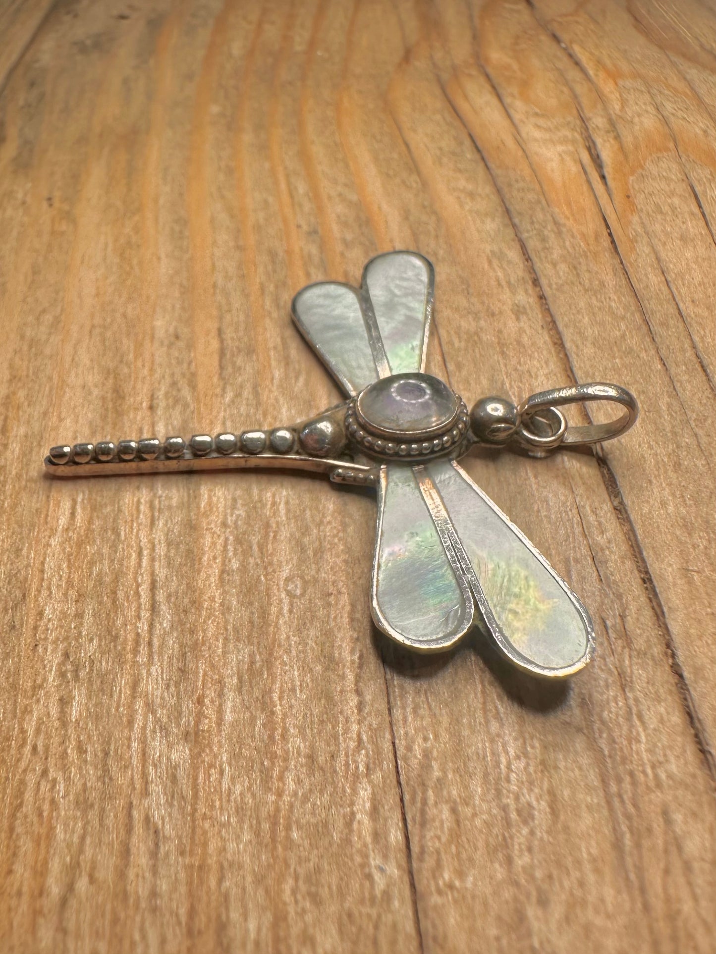 Vintage Dragonfly Moonstone and Mother of Pearl 925 Sterling Silver Pendant