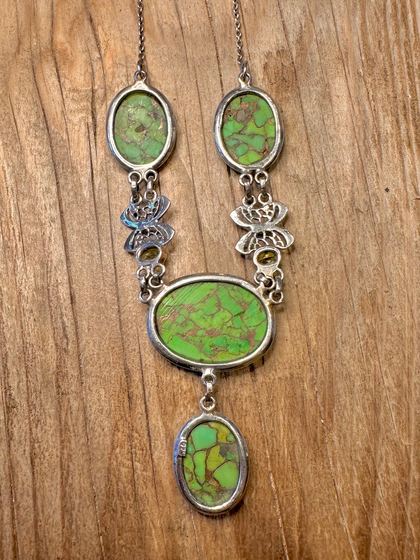 Vintage Green Turquoise and Peridot 925 Sterling Silver 18 inch Necklace