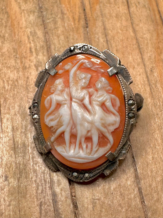 Vintage Cameo and Marcasite 800 Silver Brooch Pendant