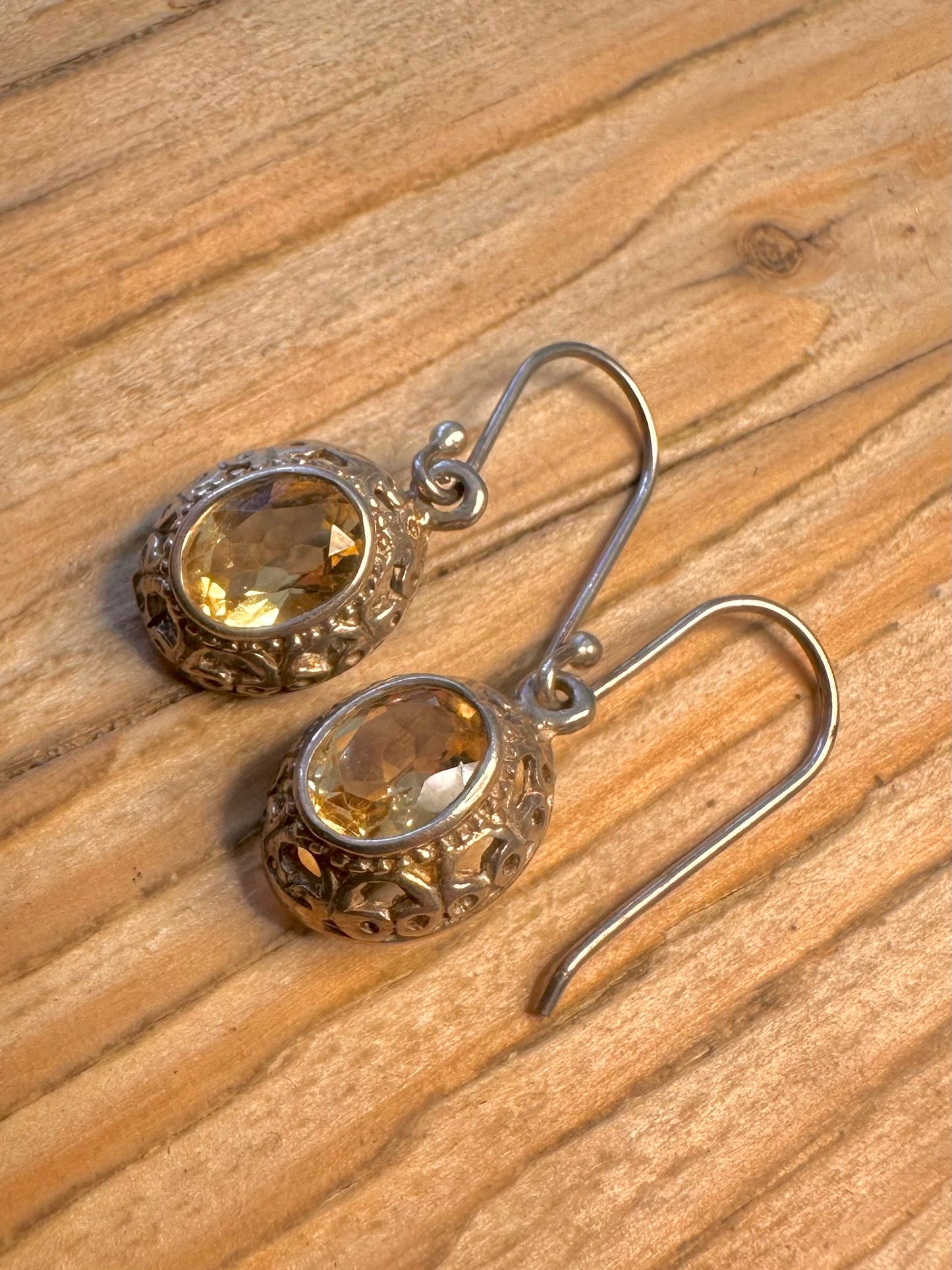 Vintage Ornate Citrine Filigree 925 Sterling Silver Earrings