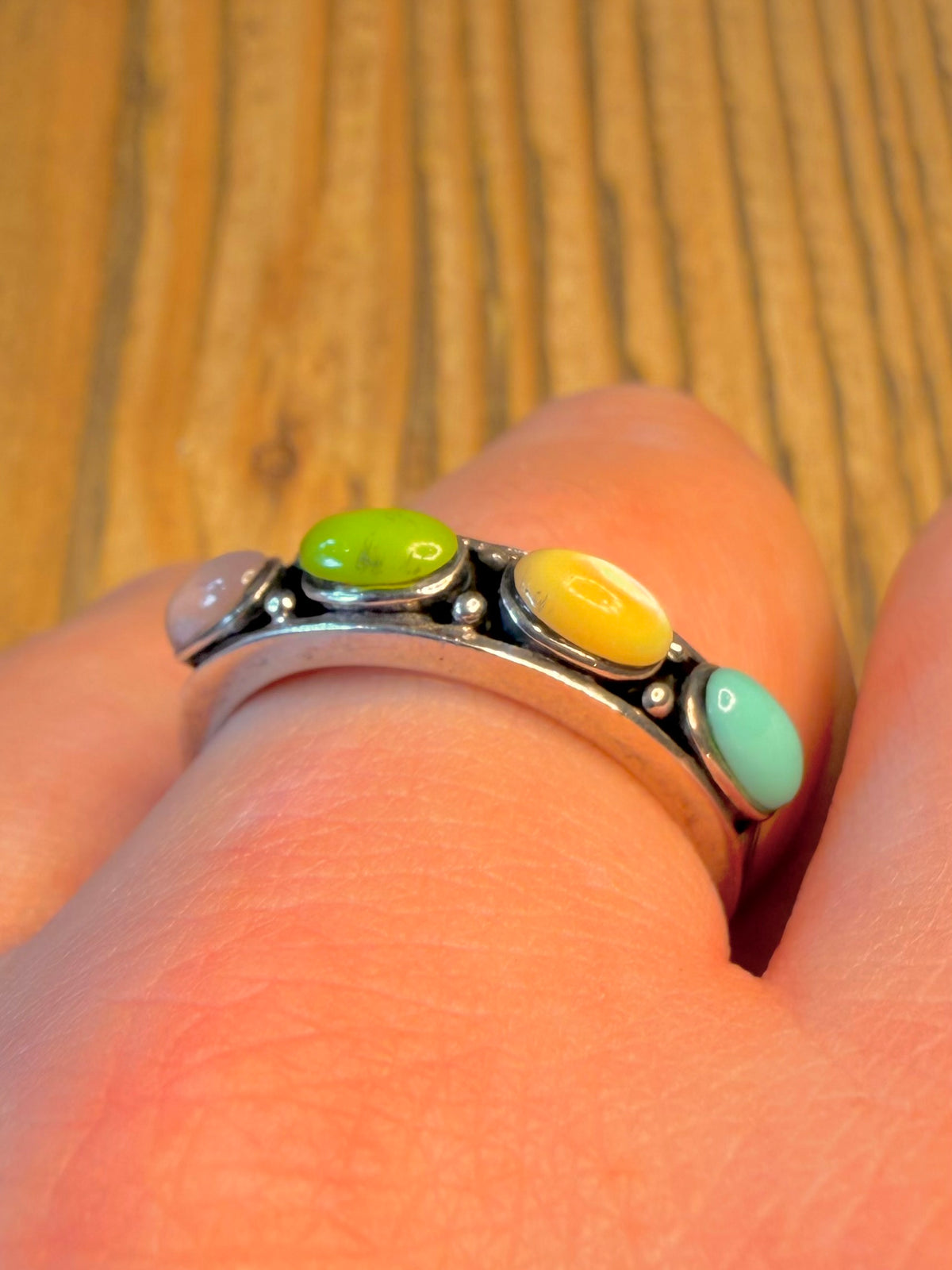 Multi Stone Cabochon Turquoise Mother of Pearl 925 Sterling Silver Size U Ring