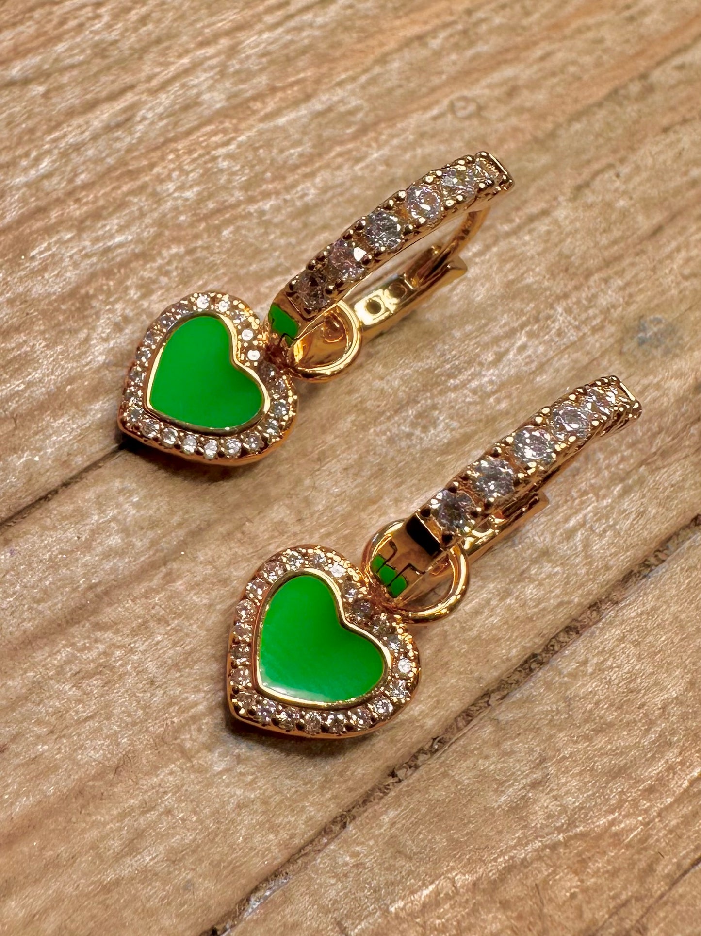 Modern CZ Stone and Green Heart Gold on 925 Sterling Silver Earrings