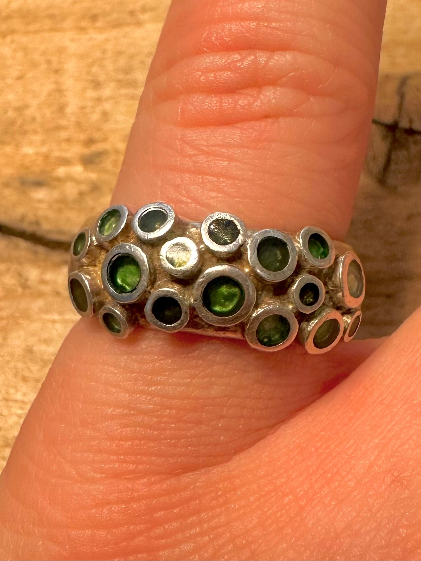 Modernist 2007 Green Dots 925 Silver Size O1/2 Ring