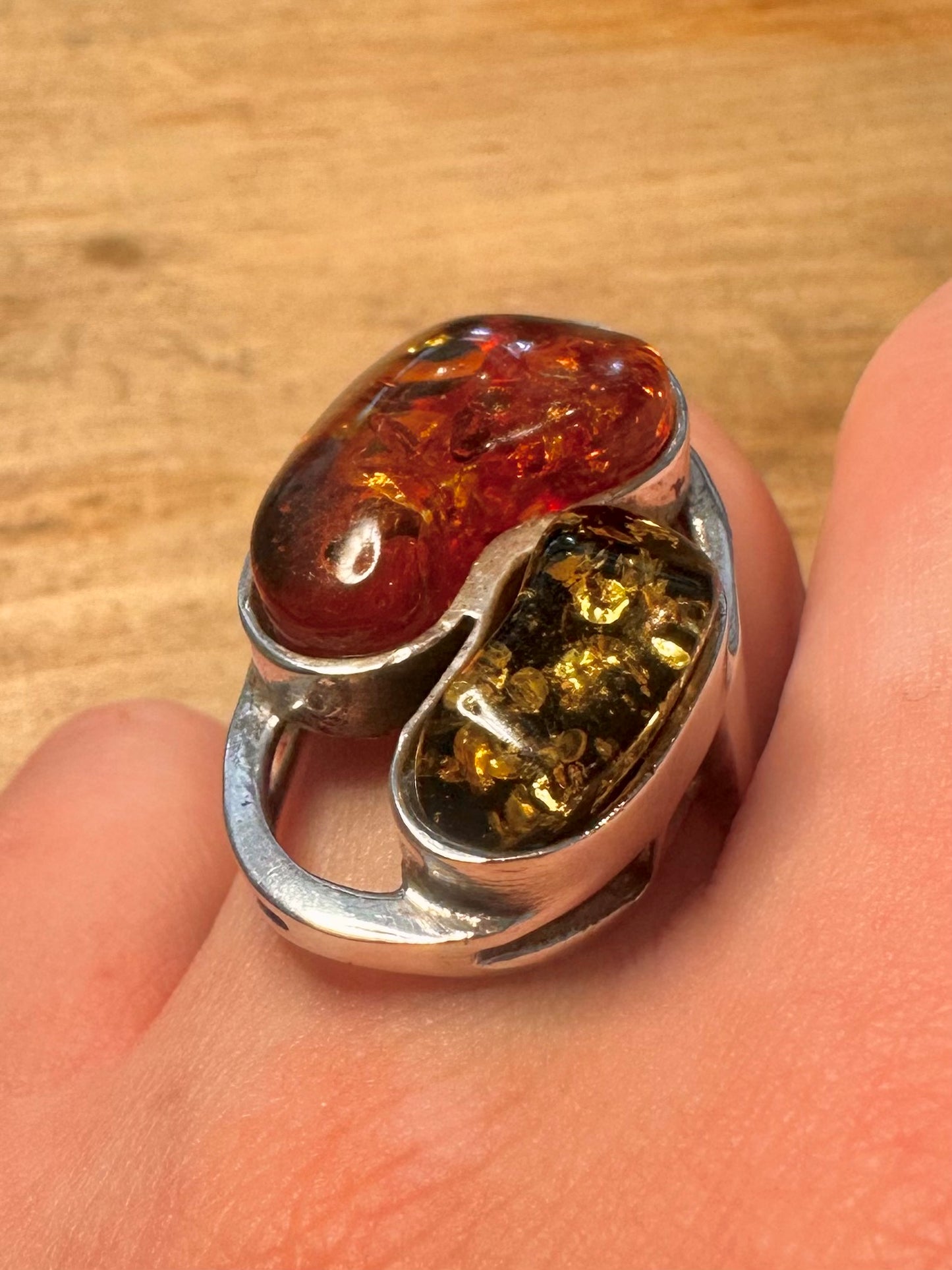 Abstract Chunky Amber 925 Silver Size S Ring