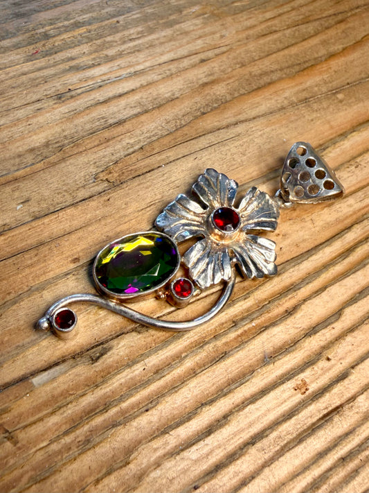 Large Flower Red and Green Stone 925 Sterling Silver Pendant