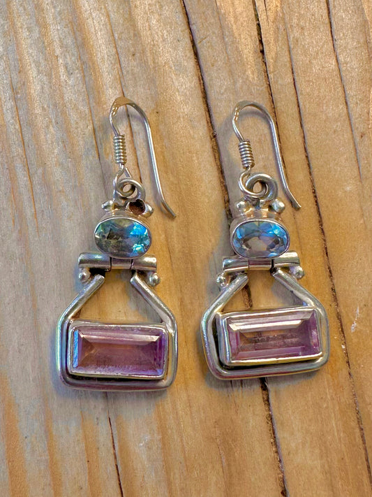 Vintage Amethyst and Blue Topaz 925 Silver Earrings
