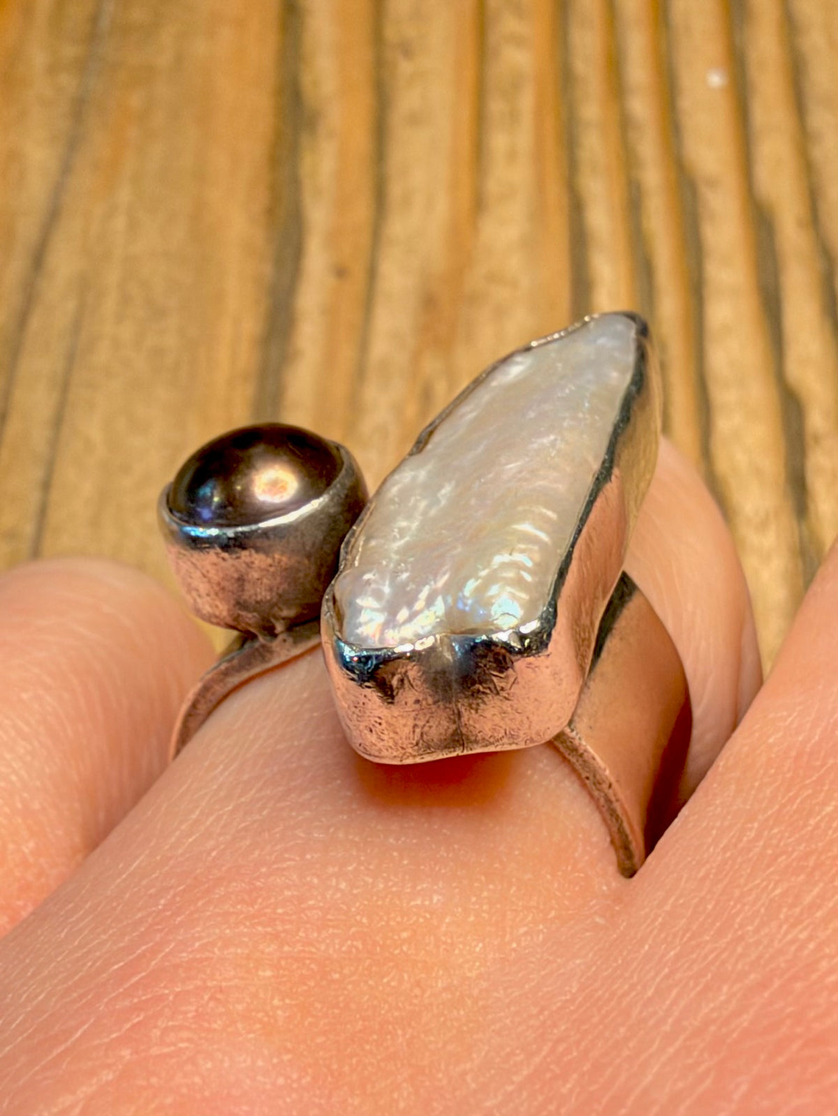 Abstract Mother of Pearl and Baroque Pearl 950 Silver Size R Ring