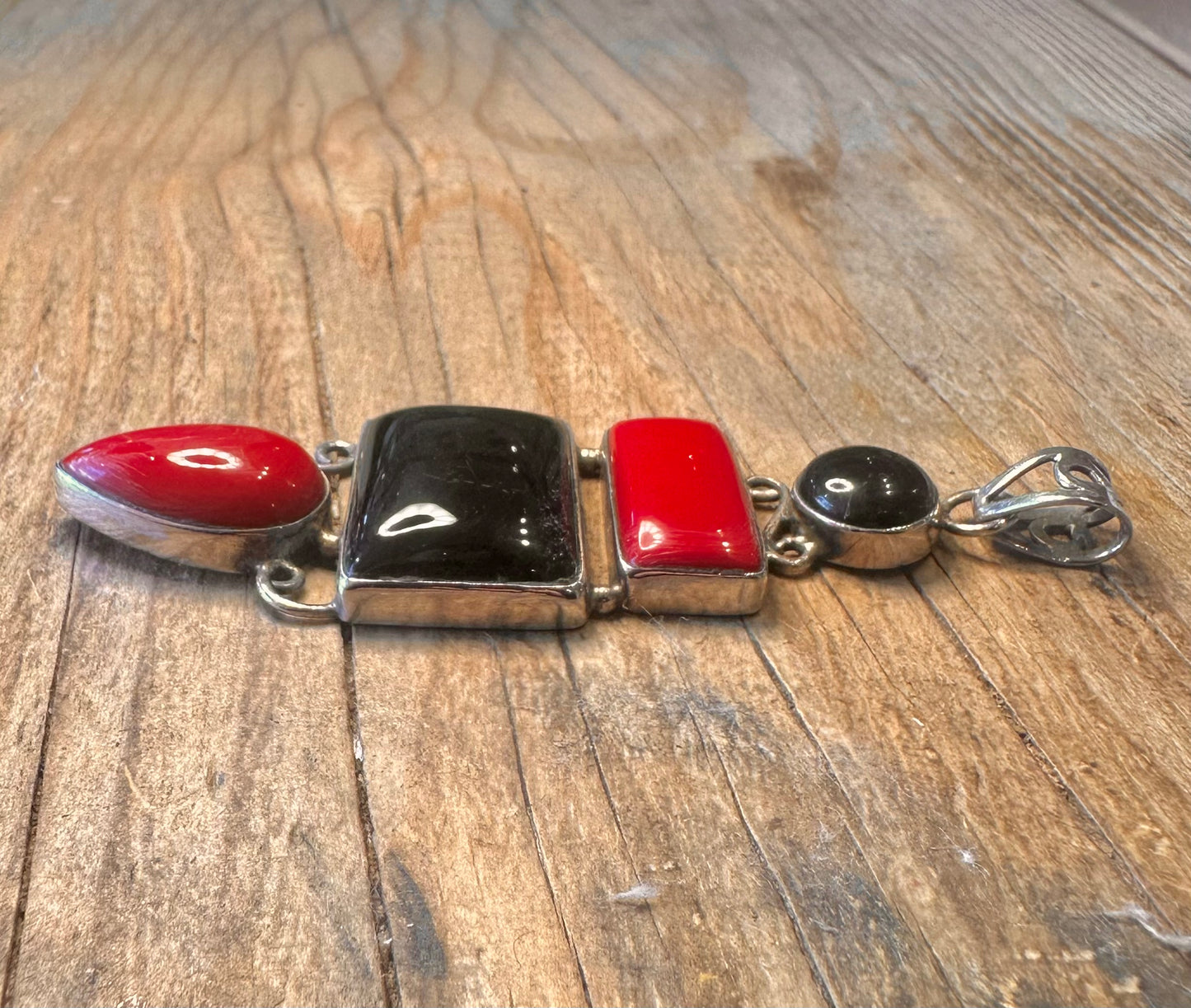 Vintage Rot-Schwarz-Stein 925 Sterlingsilber Anhänger