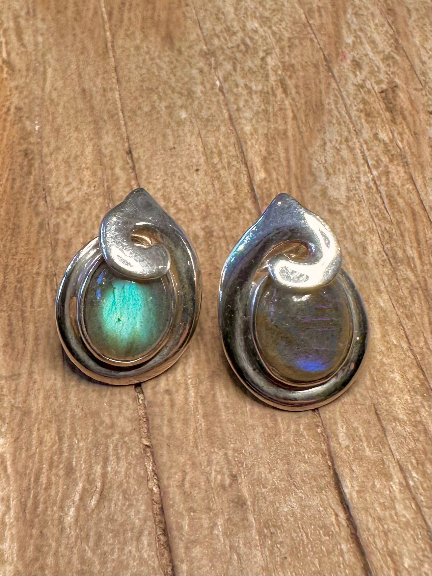 Modernist Labradorite Stud 925 Sterling Silver Earrings