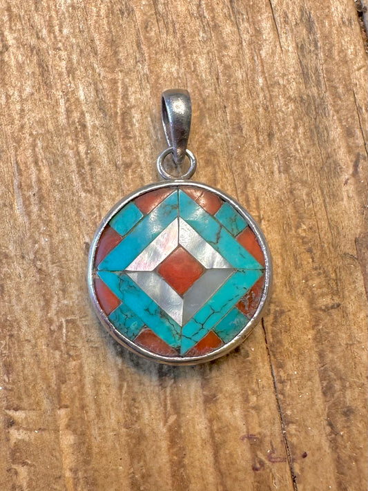 Southwestern Coral Turquoise Mother of Pearl Silver Pendant