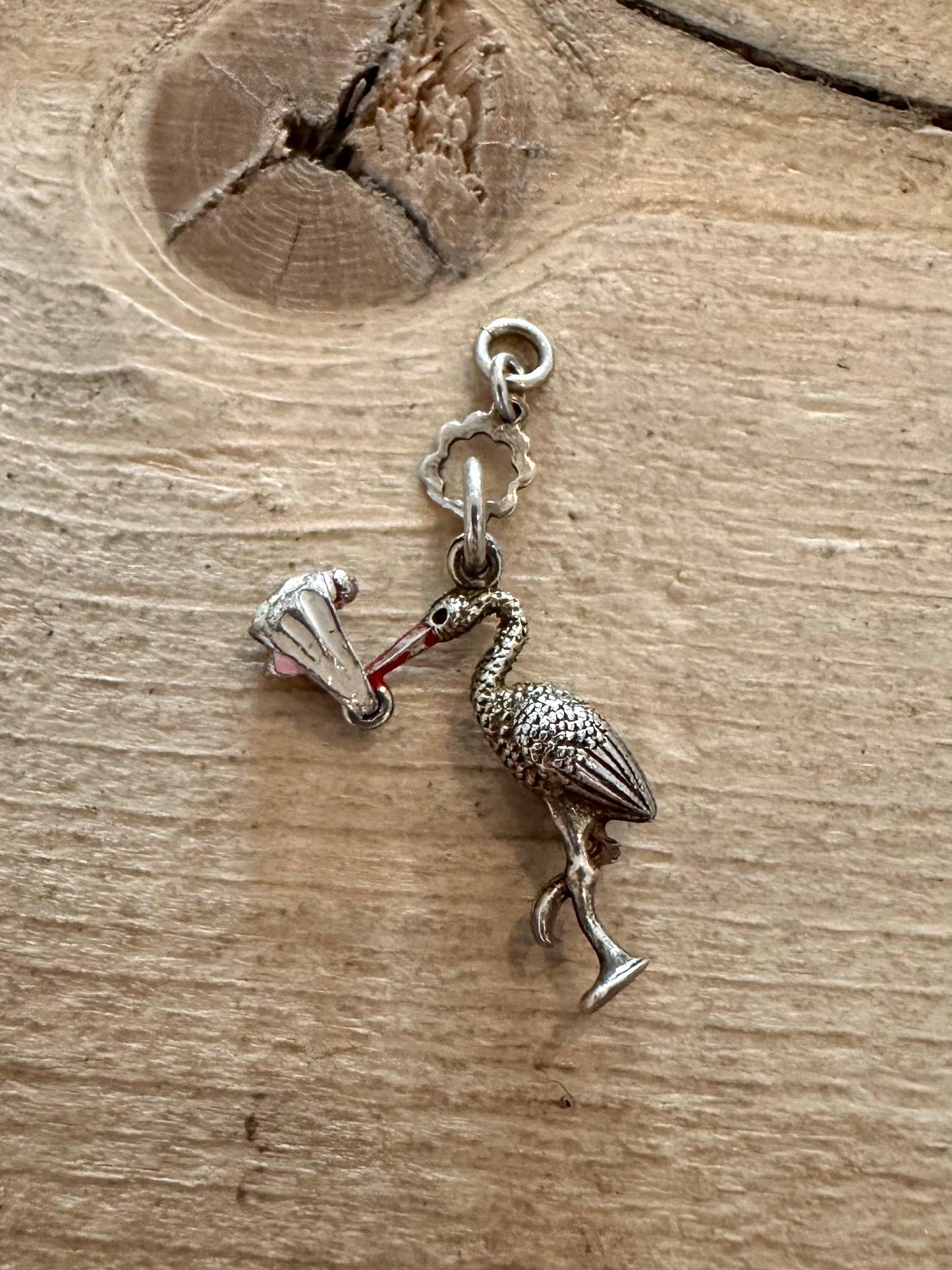 Vintage Enamel Stork with Baby 925 Silver Charm Pendant