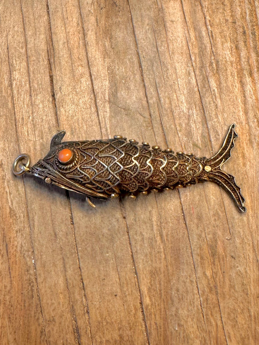 Vintage Articulated Filigree Coral Eye Fish Gold on 925 Sterling Silver Pendant