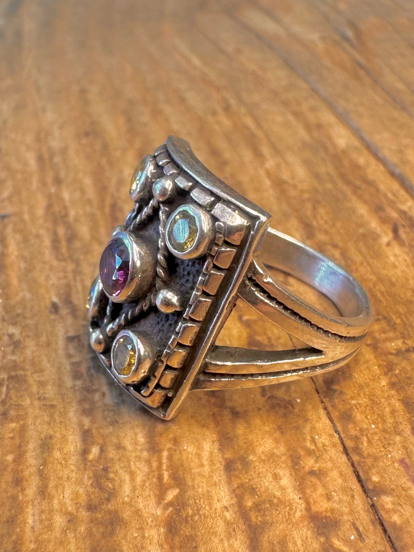 Amethyst and Citrine Rectangle Ornate 925 Sterling Silver Size Q Ring