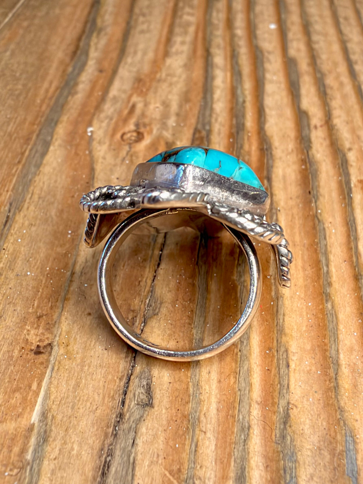 Ornate Turquoise Rope Beaded Border 925 Sterling Silver Size F1/2 Ring
