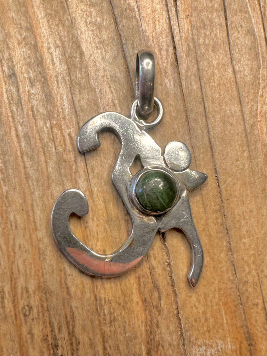 Vintage Om with Green Stone 925 Sterling Silver Pendant